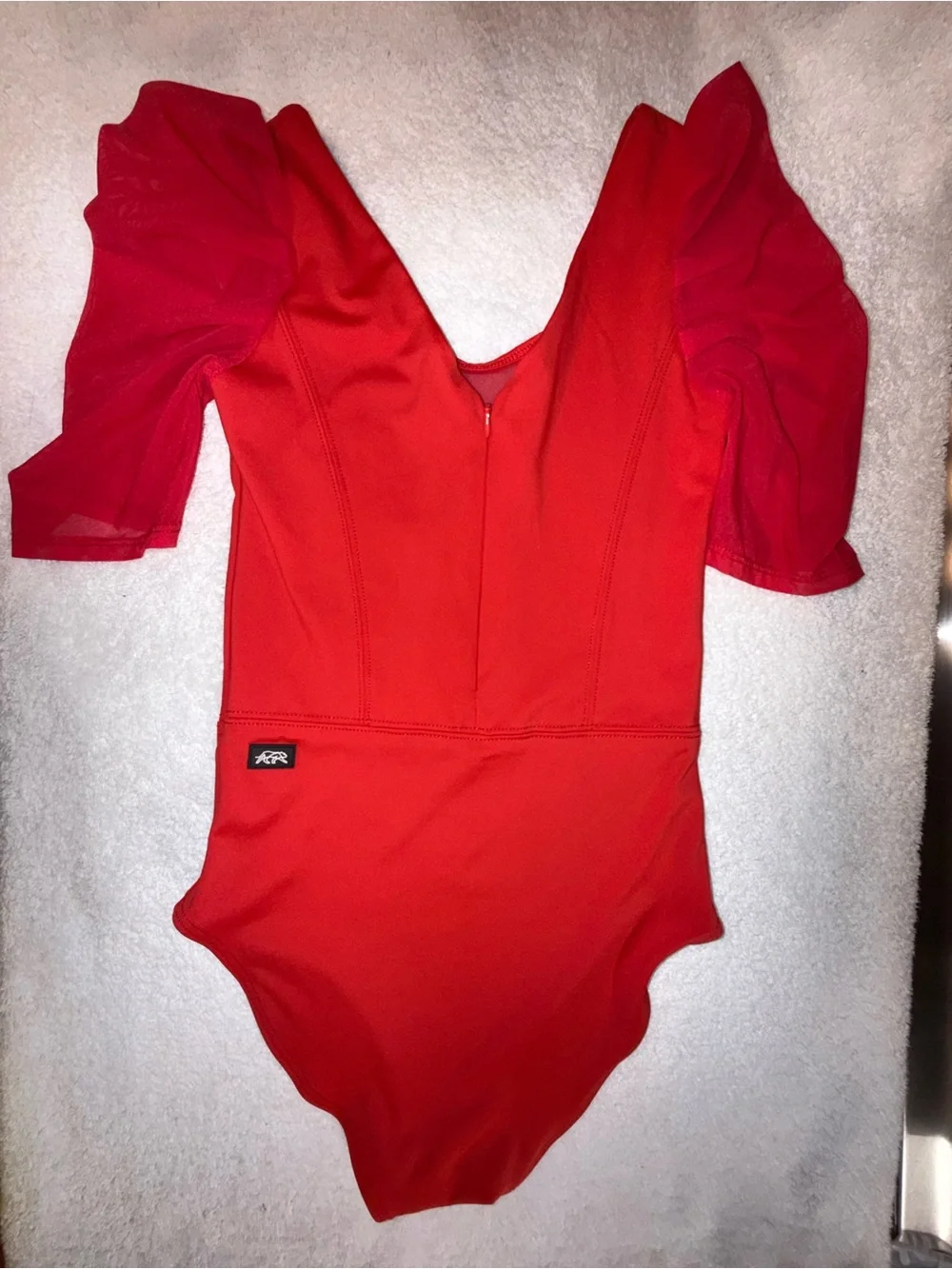 Tiger Friday Girls' Red Dance Leotard with Sheer Puff Sleeves Size Adult X-Small